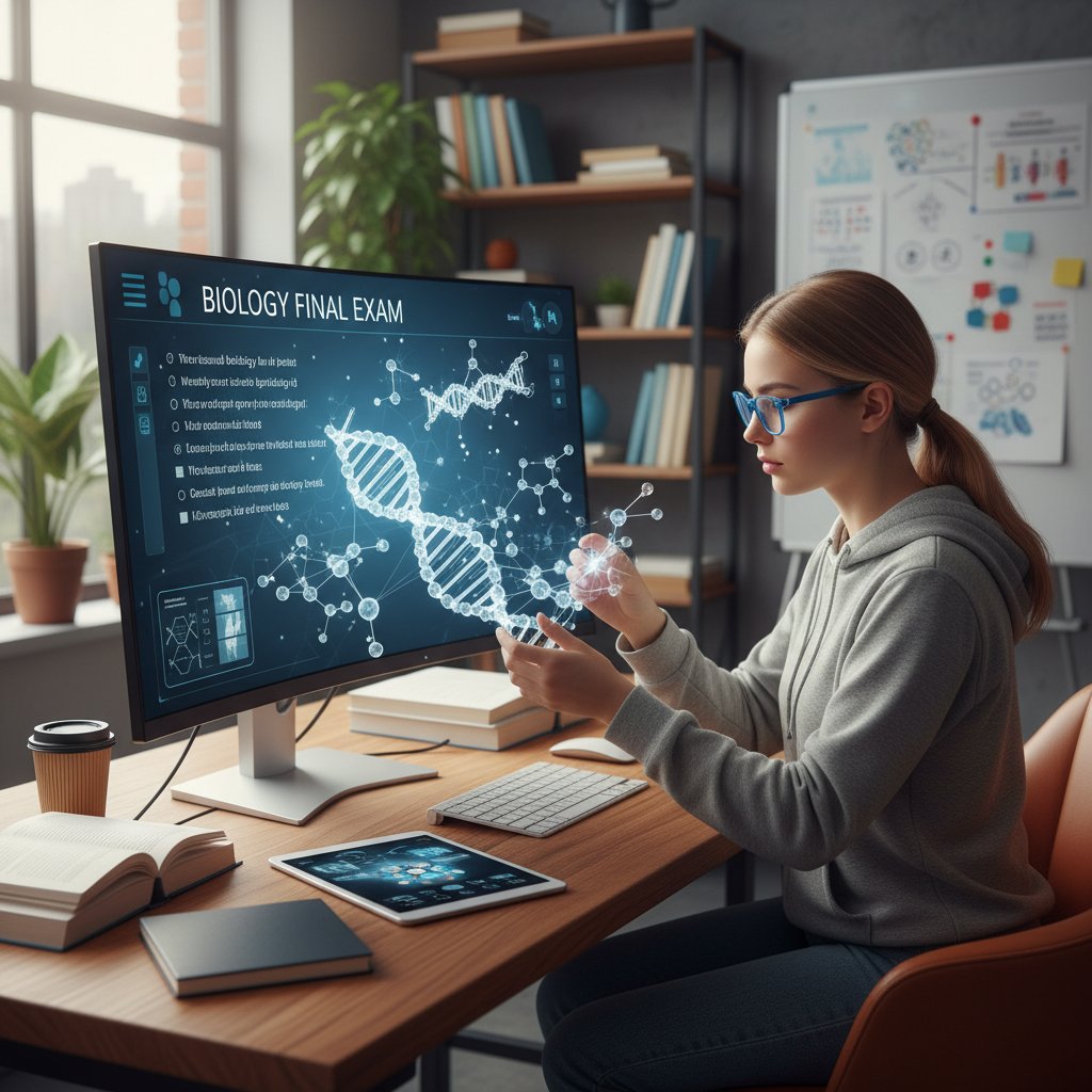 Schüler:in arbeitet mit Molekülmodellen und digitalen Lernhilfen für das Biologie-Abitur