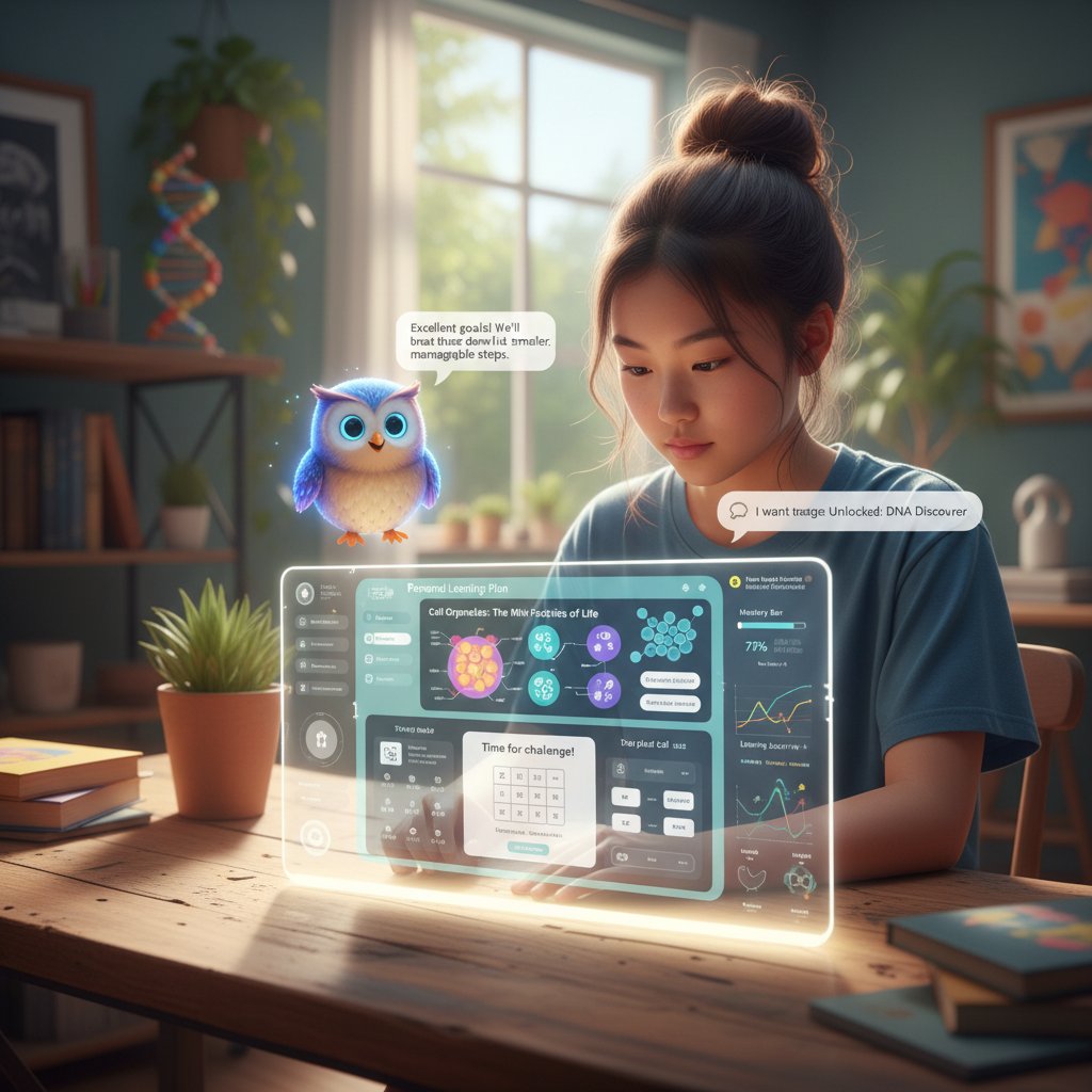 Schüler:in mit individuellem Lernplan, freundliche digitale Nachhilfe-Atmosphäre, Biologie