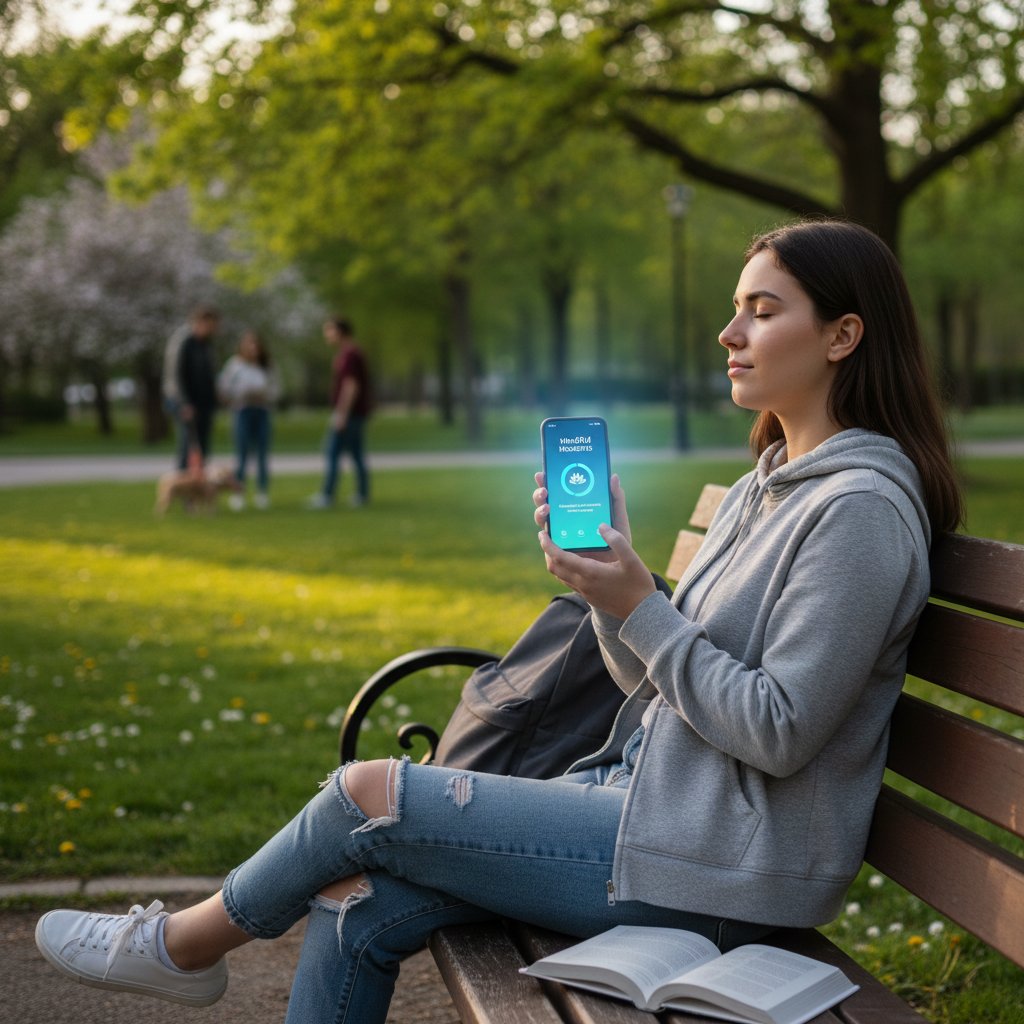 Student korzysta z aplikacji mindfulness na smartfonie w parku