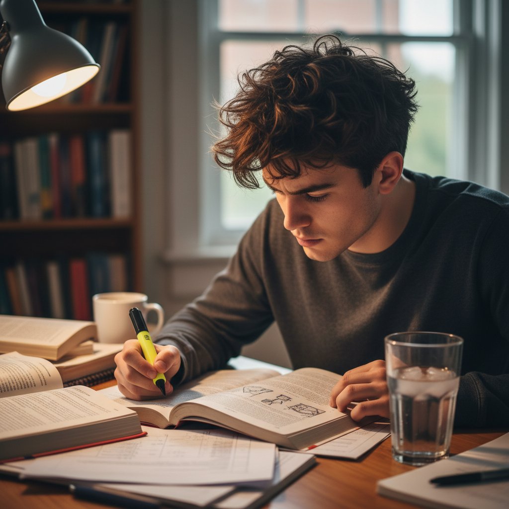 Studentka ze słuchawkami, patrząca zamyślona na notatki, kubek z wodą na biurku, wpływ odwodnienia na koncentrację