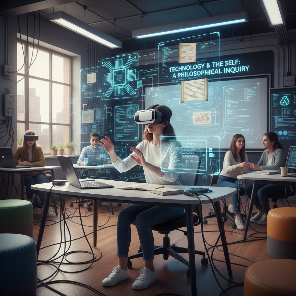 Student korzystający z VR podczas lekcji filozofii technologii w laboratorium