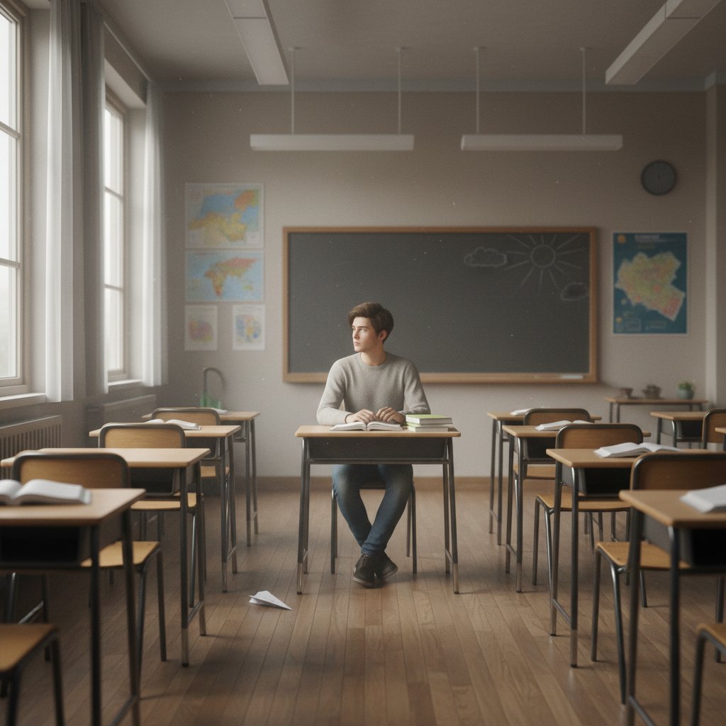 Zdjęcie ucznia samodzielnie uczącego się w pustej klasie, ilustrujące problem motywacji w szkołach
