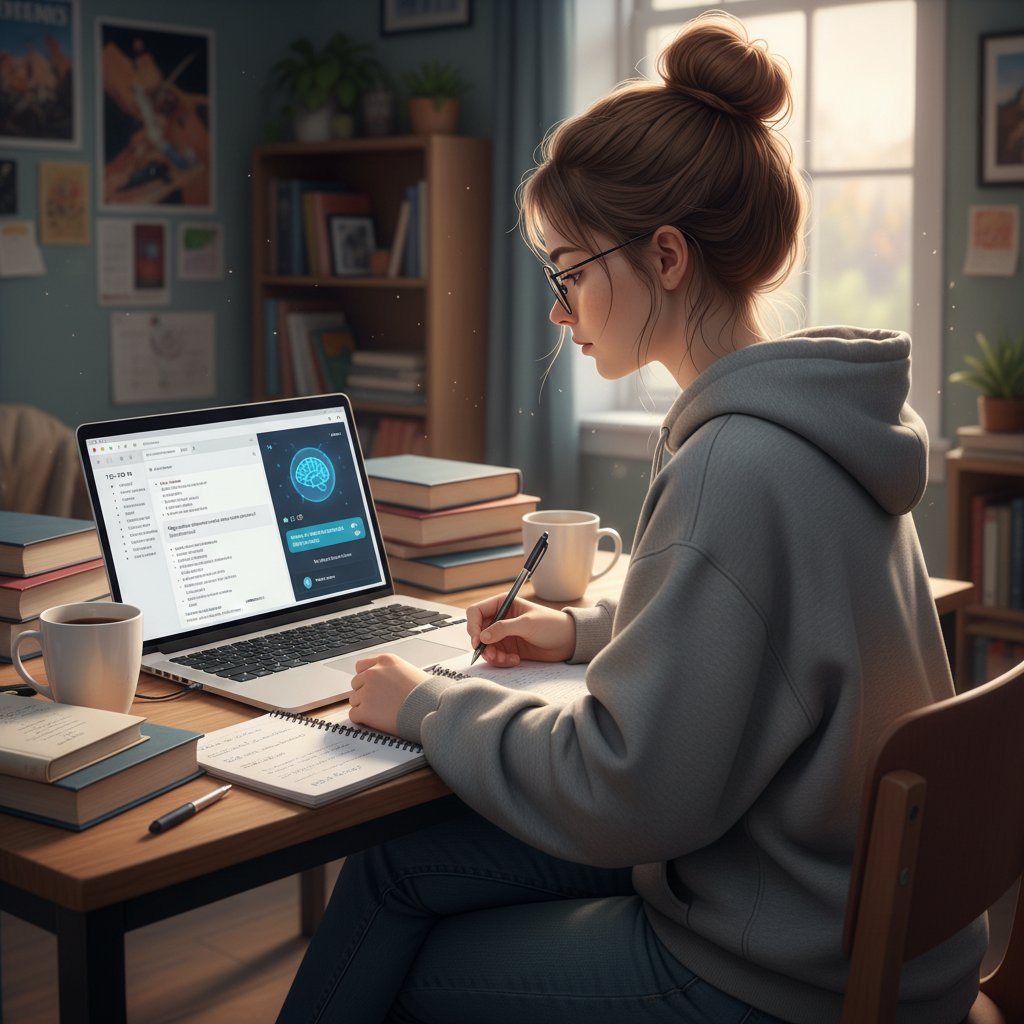 Studentka notująca zadania przy laptopie, rozmowa z AI, organizacja czasu