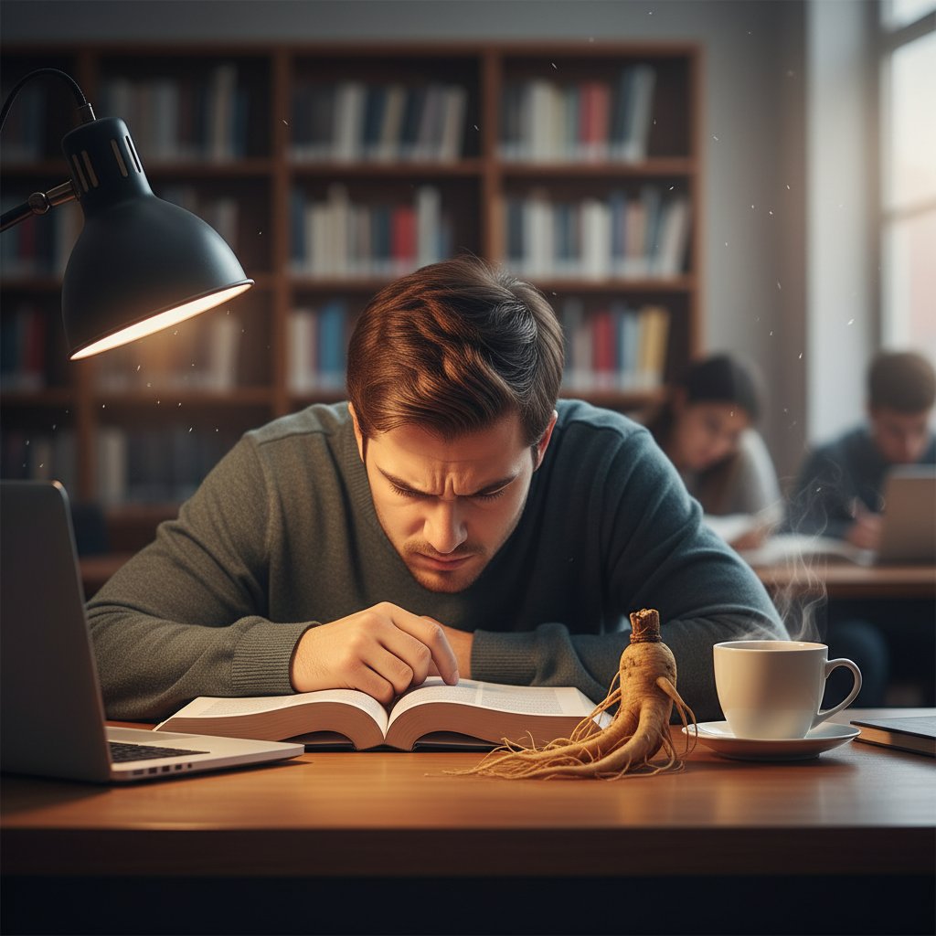 Student w bibliotece z notatkami, skupiony i energiczny – ilustracja poprawy koncentracji dzięki żeń-szeniowi