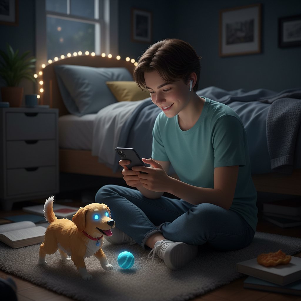 Studierende Person spielt nachts im Bett mit digitalem Hund auf Smartphone; emotionale Bindung