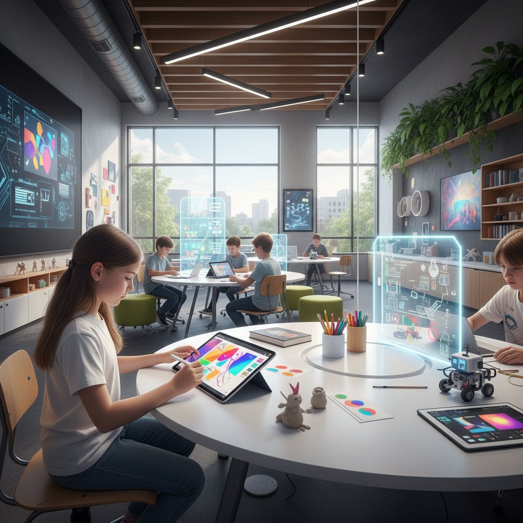 Uczeń korzystający z tabletu edukacyjnego w nowoczesnej klasie, otoczony projektami uczniowskimi