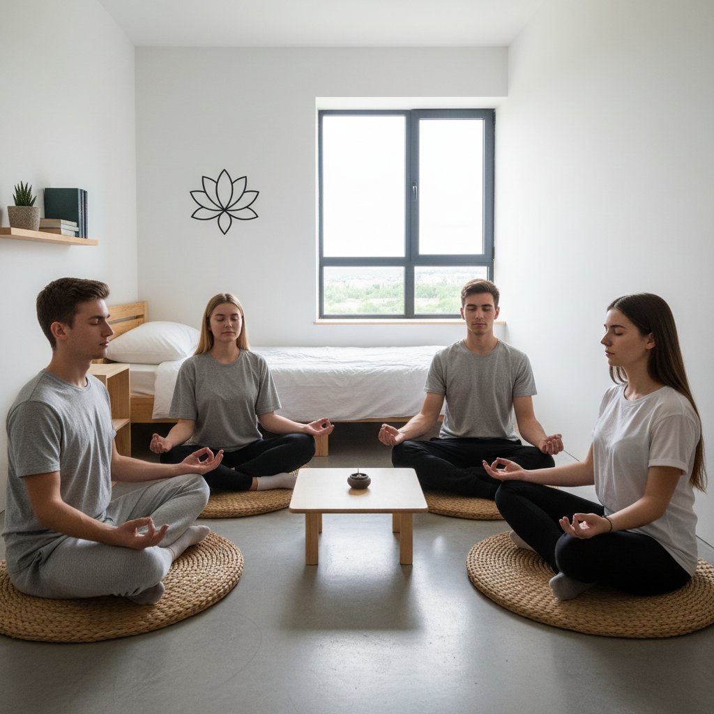 Studenci medytujący w pokoju akademika – praktyka mindfulness jako sposób na odporność psychiczną