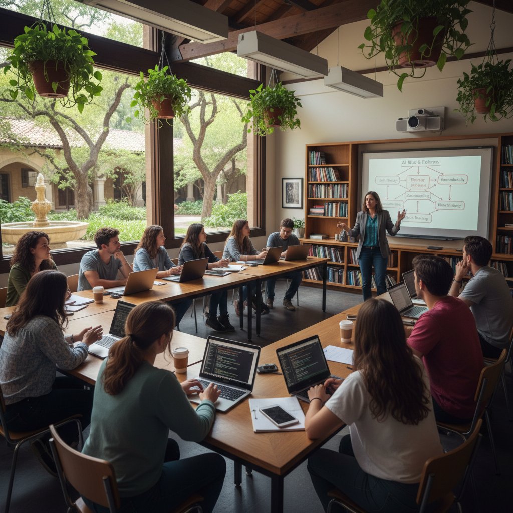 Uczniowie programujący i dyskutujący nad problemami etycznymi, plansze i komputery w tle, otwarta przestrzeń edukacyjna