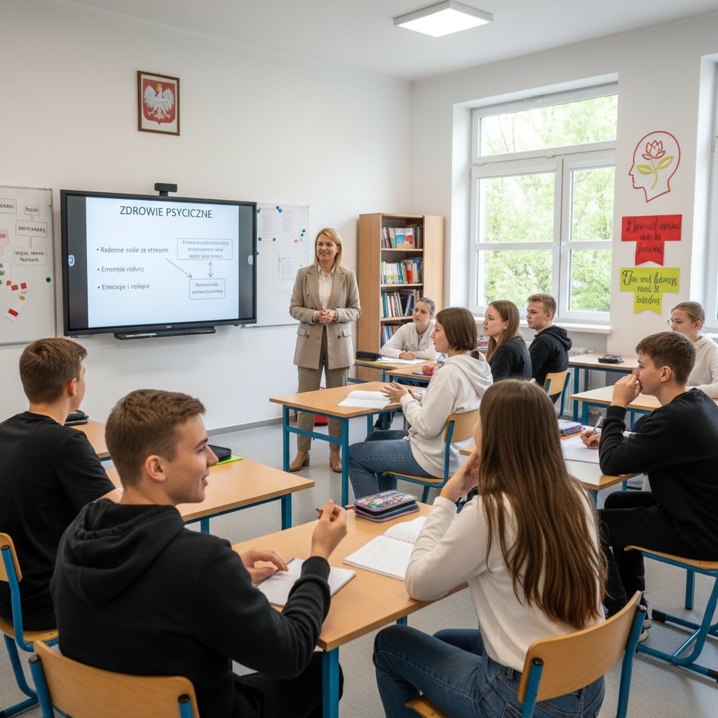 Uczniowie w szkole, nauczyciel prowadzący zajęcia o zdrowiu psychicznym – potrzeba edukacji w Polsce