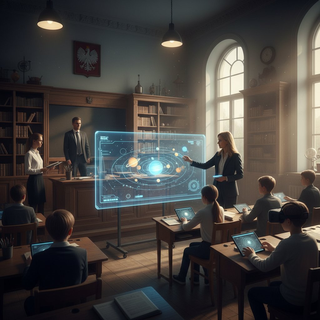 Uczniowie w realistycznym wirtualnym scenariuszu szkolnym, intensywna atmosfera nauki