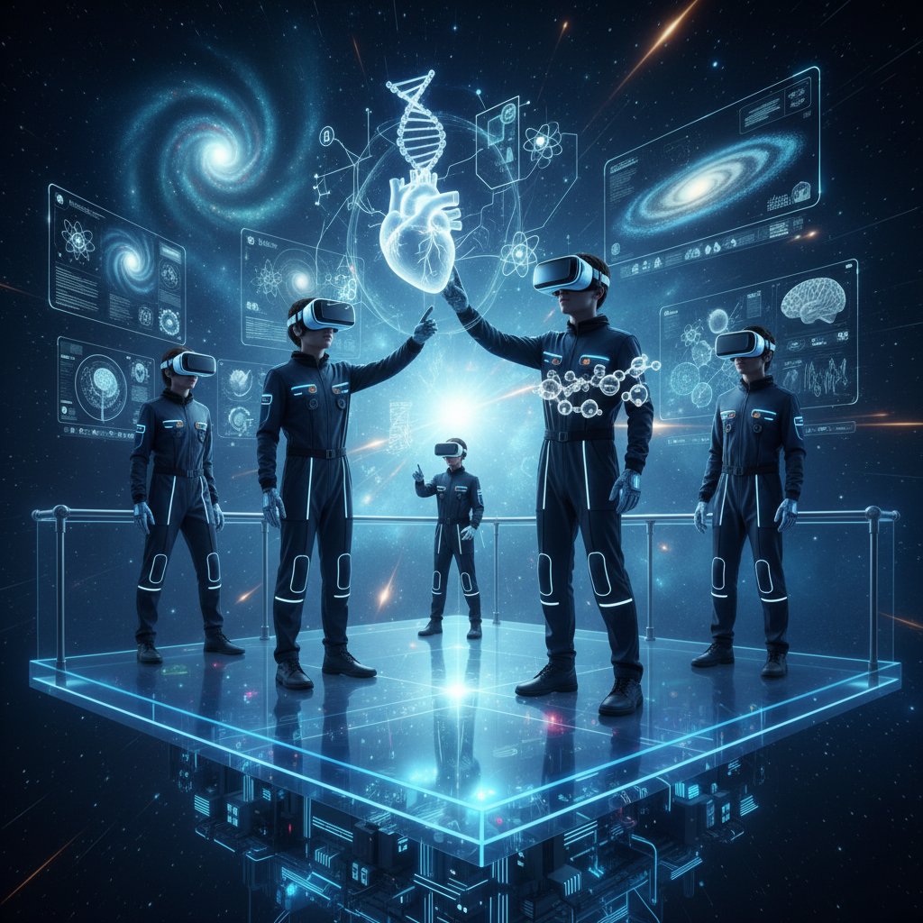 Schüler:innen entdecken Naturwissenschaften in einer virtuellen VR-Umgebung, visionäre Szene