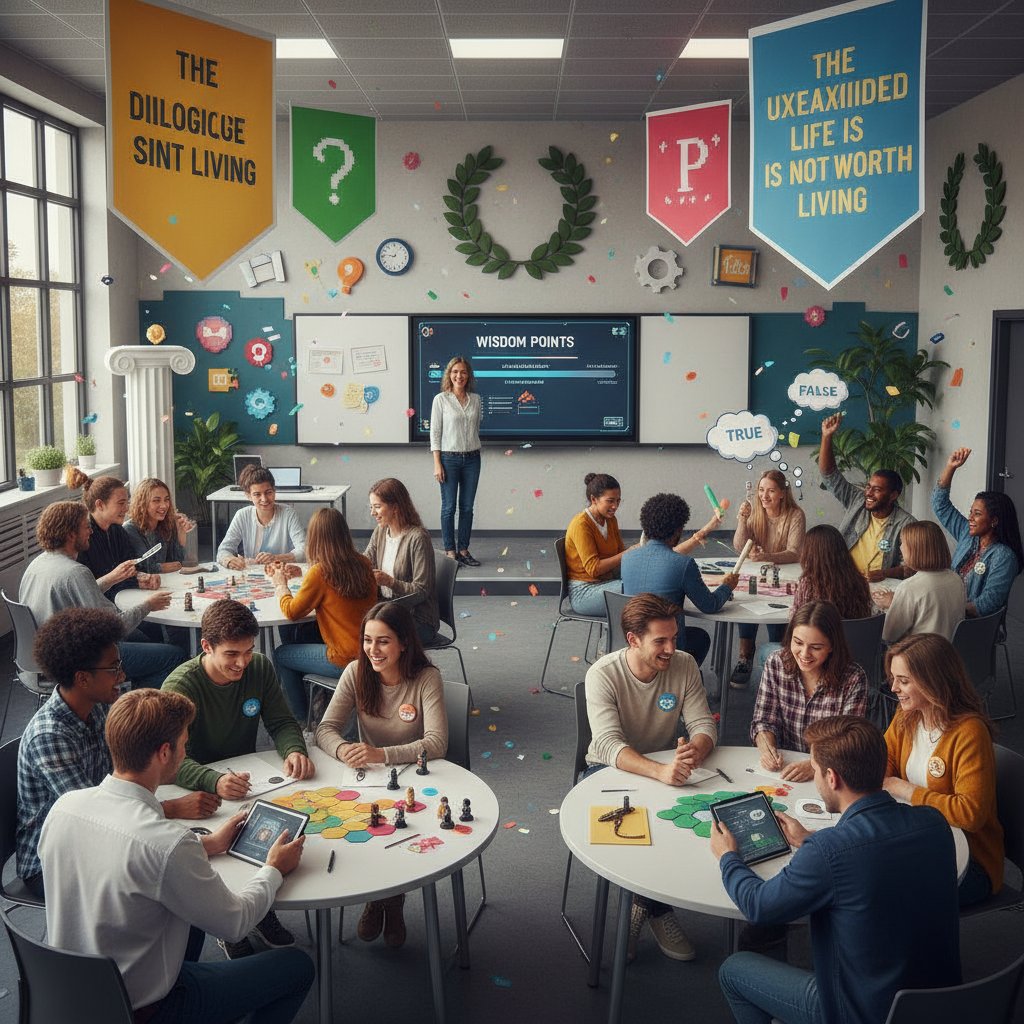 Studenci rywalizujący podczas gry edukacyjnej z elementami filozofii, emocje, zaangażowanie