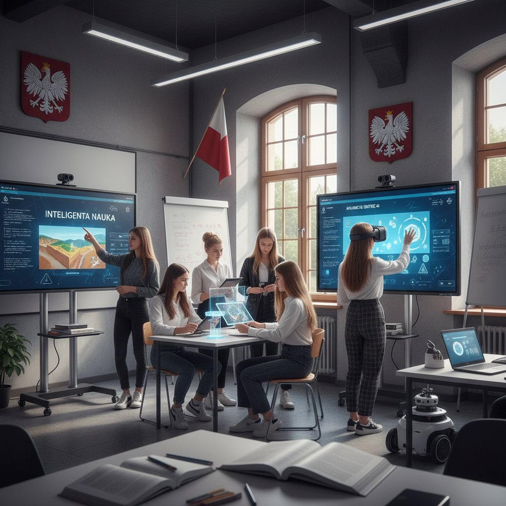 Zdjęcie uczniów korzystających z aplikacji AI podczas zajęć, symbolizujące nowoczesną edukację w Polsce