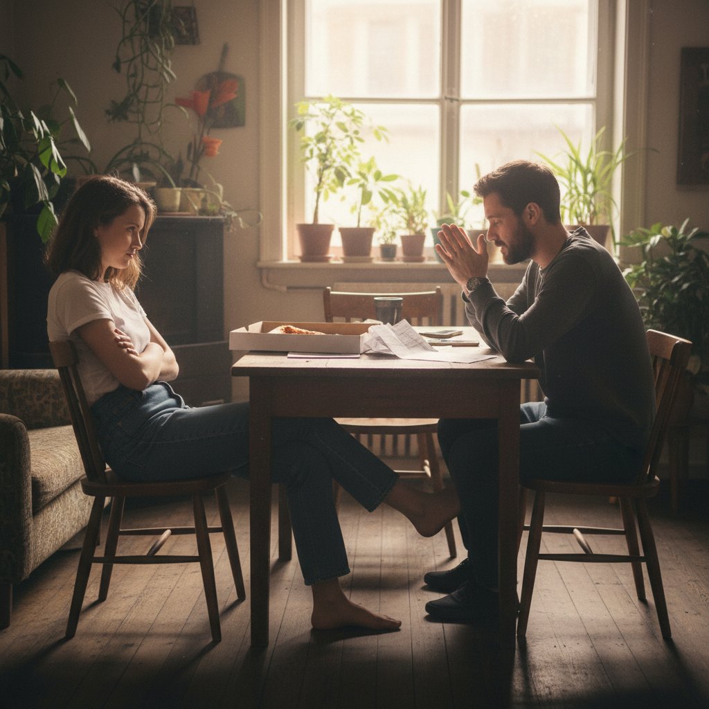Subtle power imbalance in body language between couple, highlighting relationship problem-solving methods