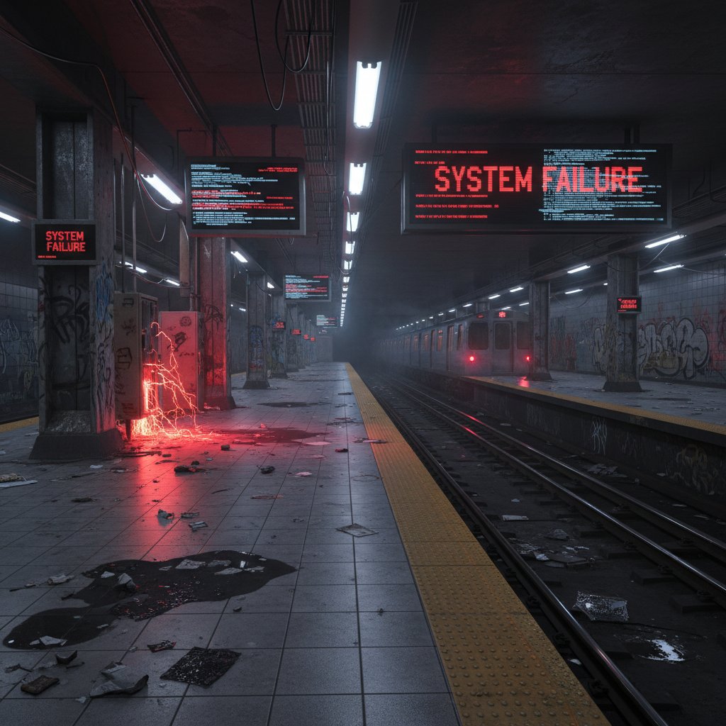 Subway platform with flashing emergency lights during system failure, highlighting the risks of emergency system breakdowns