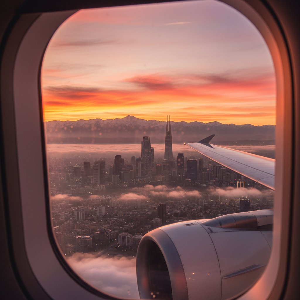 Sunrise over Santiago skyline from airplane window, hopeful cinematic glow, narrative style