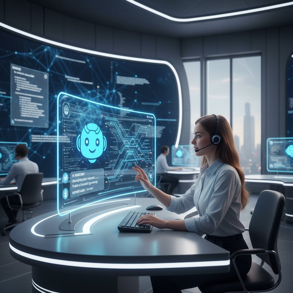 A support rep and AI bot working together at a desk, illustrating human-AI collaboration in automated customer support