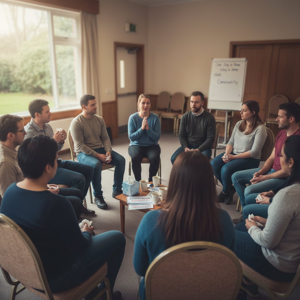 Grupa wsparcia siedząca w kręgu, prowadząca rozmowę – symbol profesjonalnej pomocy