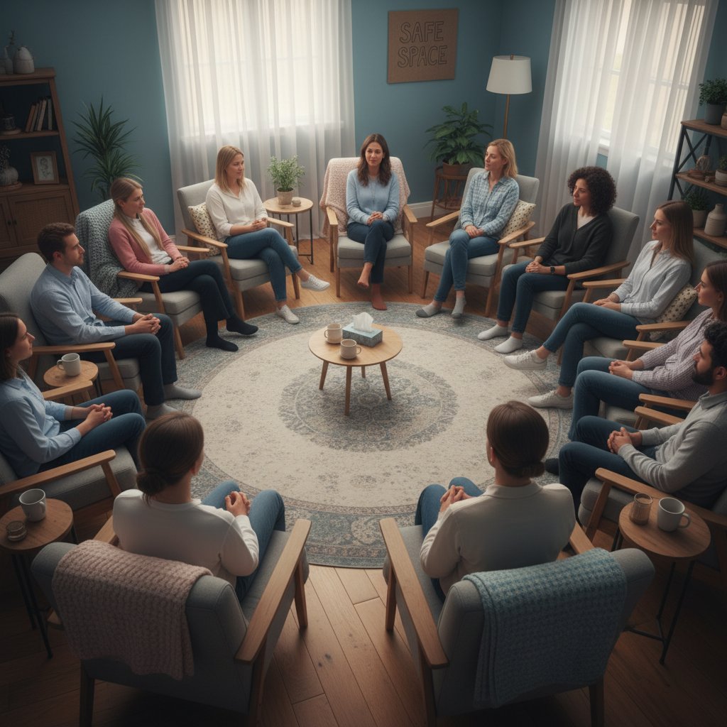Grupa wsparcia siedząca w kręgu, rozmowa, poczucie bezpieczeństwa