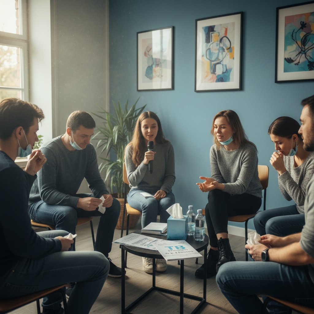 Grupa wsparcia dla pacjentów gruźlicy, terapeuta i pacjenci w rozmowie