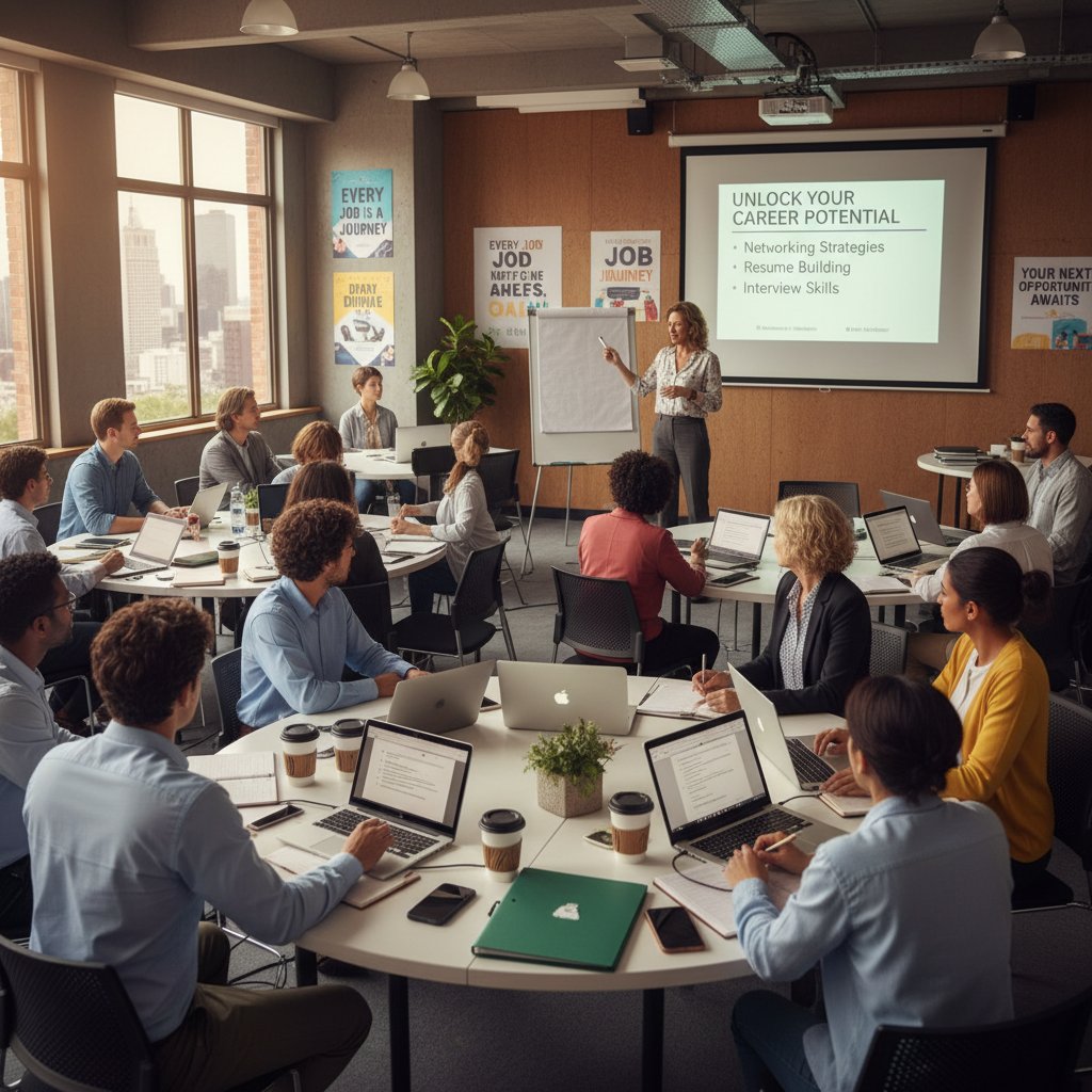 Grupa ludzi siedzi w kręgu podczas warsztatów wsparcia w poszukiwaniu pracy