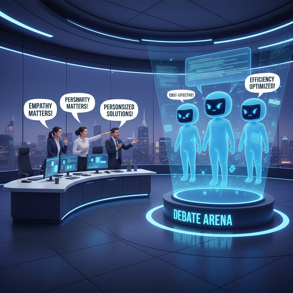 A support team debating over a new chatbot platform, capturing mixed reactions to AI adoption