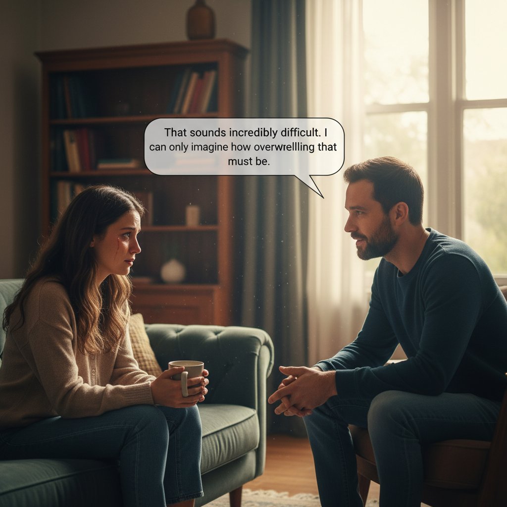 Bliska scena dwóch osób w rozmowie, jedna wyraźnie wspiera drugą – empatyczna reakcja na victim blaming