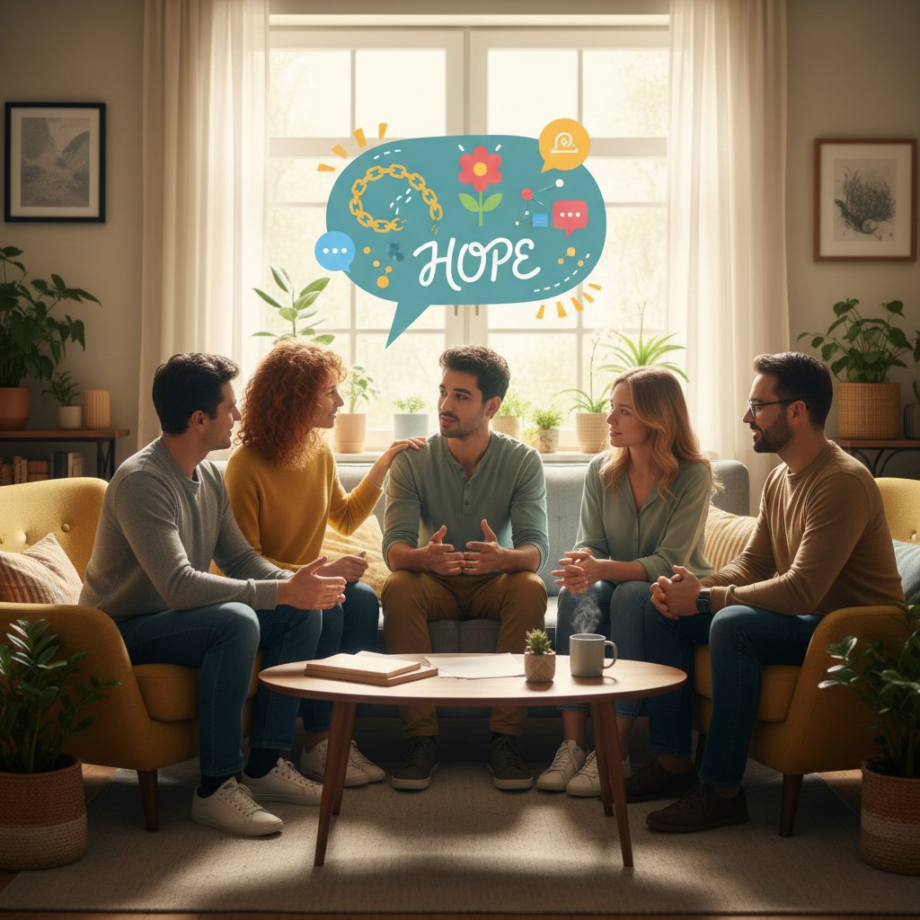 Dwie osoby rozmawiające w przyjaznej atmosferze, symbolizujące wspierający dialog