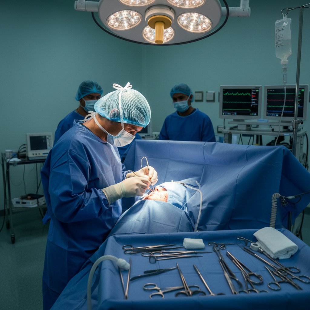 Chirurg wykonujący lifting twarzy na sali operacyjnej