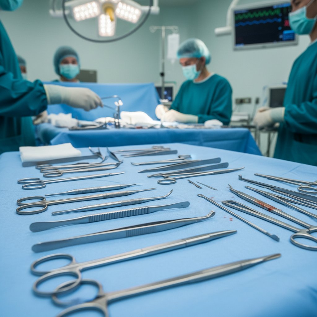Chirurgiczne narzędzia na stole operacyjnym, leczenie nadpotliwości