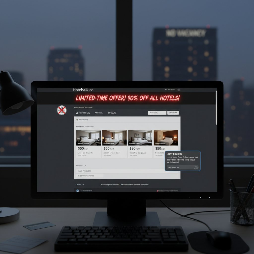 Suspicious booking website and warning signs for city view hotel scams