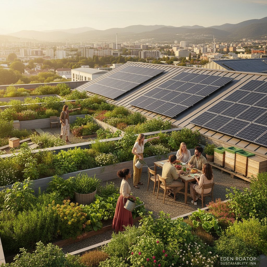 Sustainable hotel rooftop garden with solar panels and young travelers