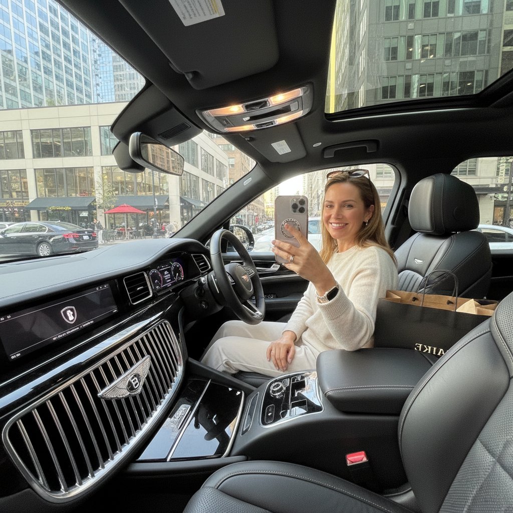 Proud SUV owner in daily environment, owner selfie with their SUV, real-world setting, luxury SUV ownership
