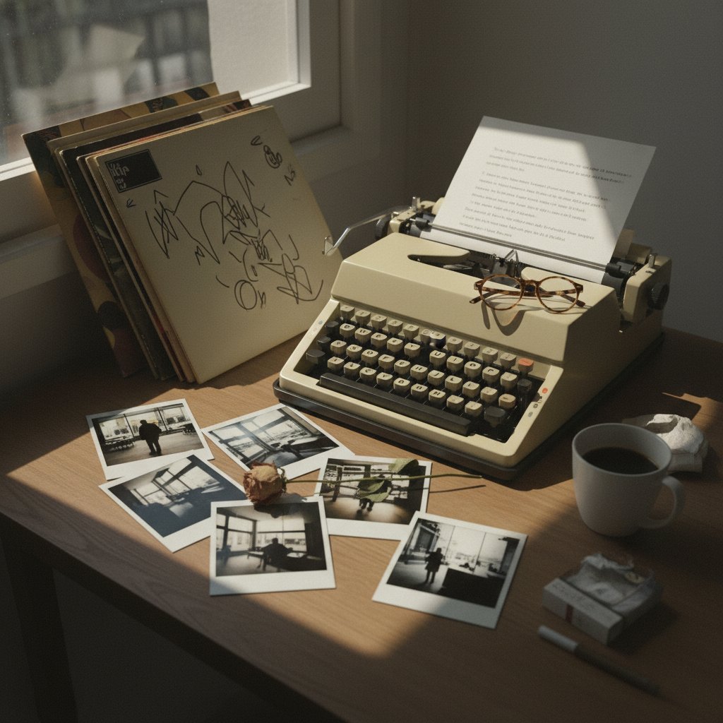 Symbolic still life of indie film motifs: vinyl records, typewriter, polaroids, messy desk