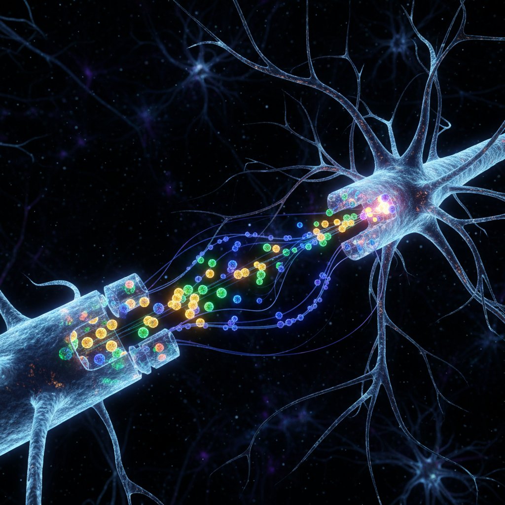 Synapsa z uwalnianiem GABA w ludzkim mózgu – obrazek ukazujący kluczowy moment transmisji neuroprzekaźnika, tło z ciemną siecią neuronową, klimat naukowy i profesjonalny
