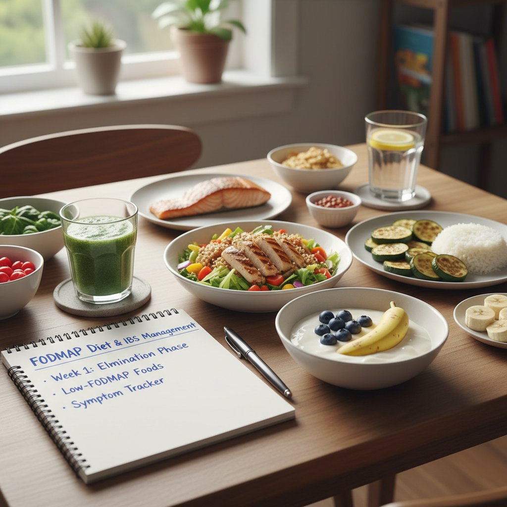 Stół z różnymi potrawami (pieczywo, warzywa, probiotyki), osoba wybiera ostrożnie, w tle notatnik z napisem 'dieta FODMAP'