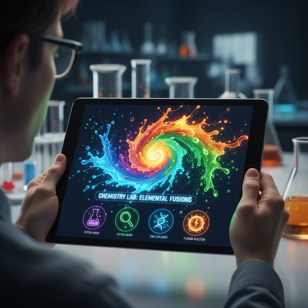 Nahaufnahme von Händen, die eine Lern-App mit interaktiven Naturwissenschaftsübungen nutzen