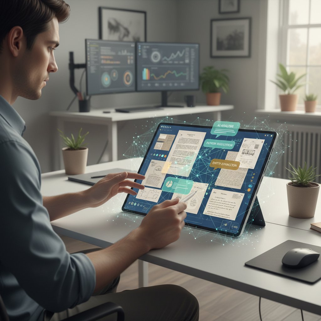 A professional using a tablet to analyze scanned documents, representing the AI-powered edge in document analysis