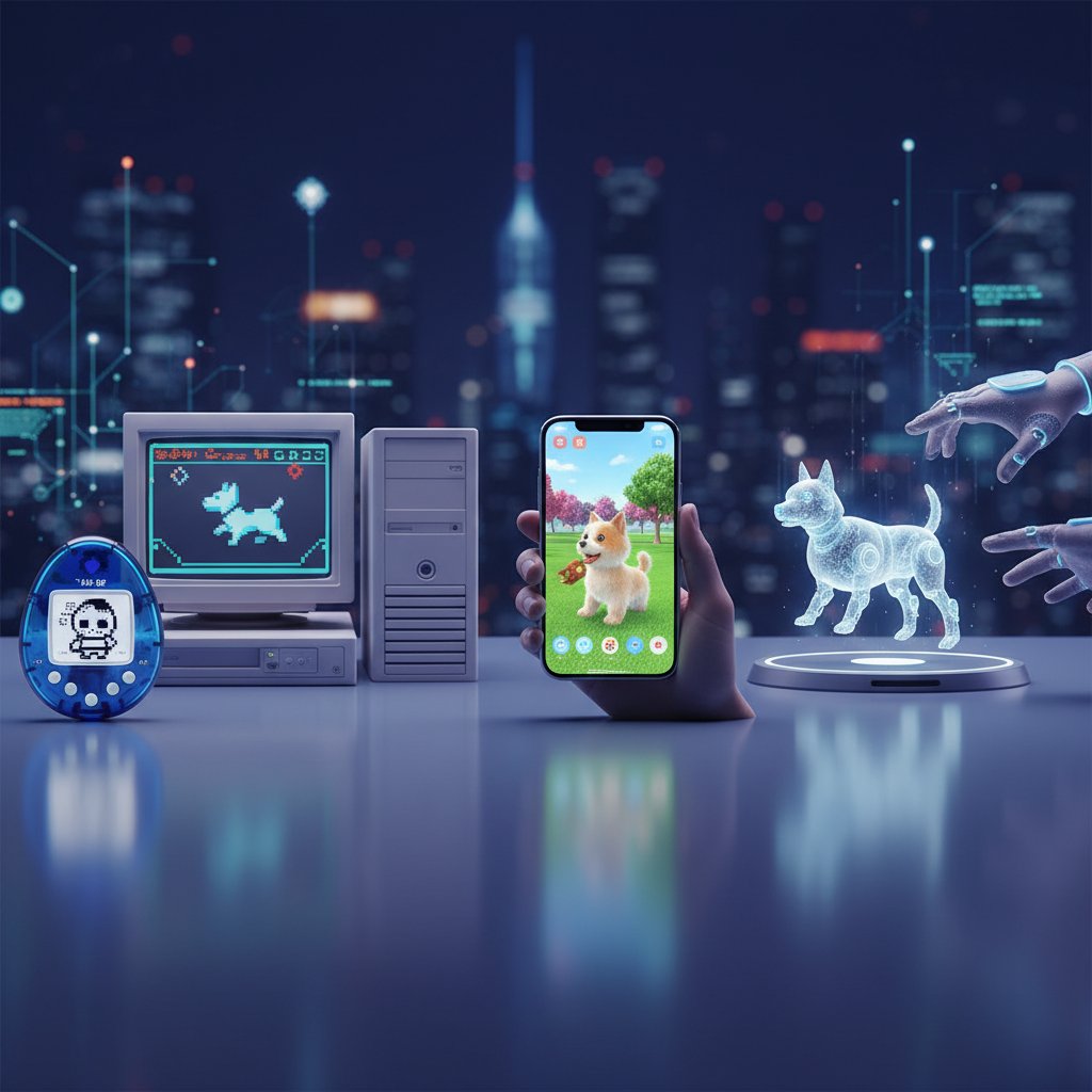Cztery generacje symulatorów psów – od plastikowego Tamagotchi, przez ekran komputera, po nowoczesny smartfon z AI-psem