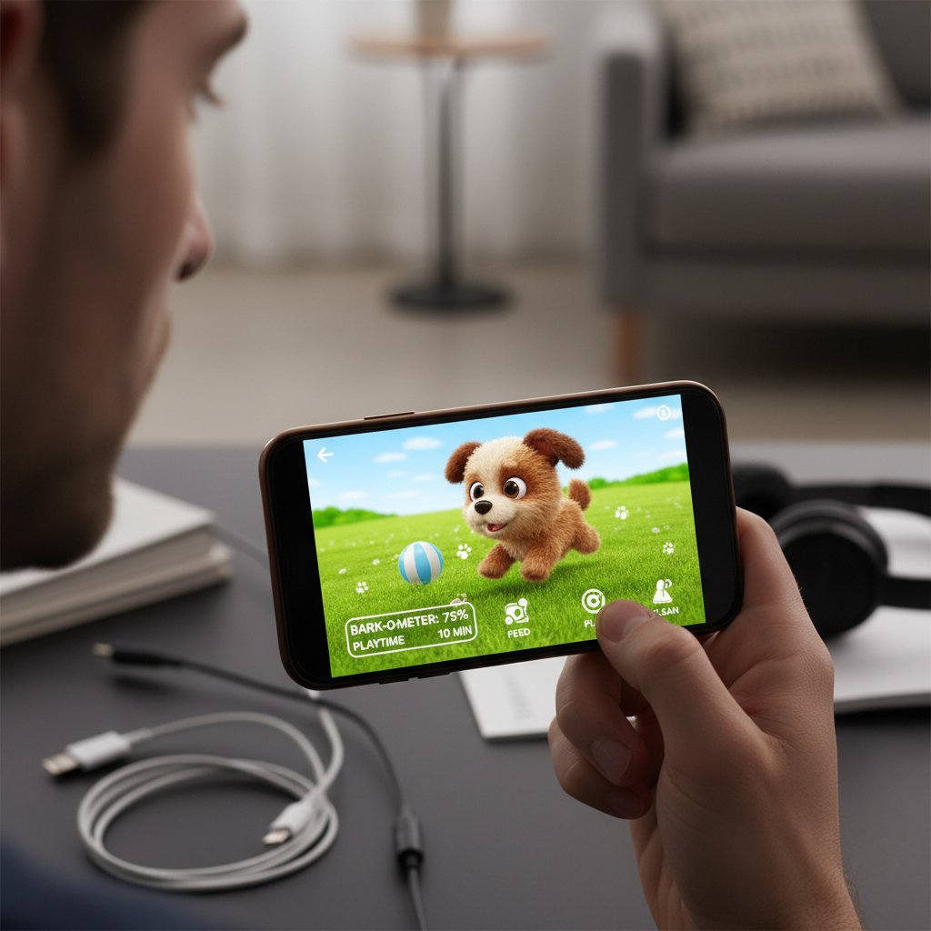 Stare urządzenie Tamagotchi trzymane w dłoni obok smartfona z aplikacją piesek AI – zestawienie przeszłości i teraźniejszości symulatorów psów