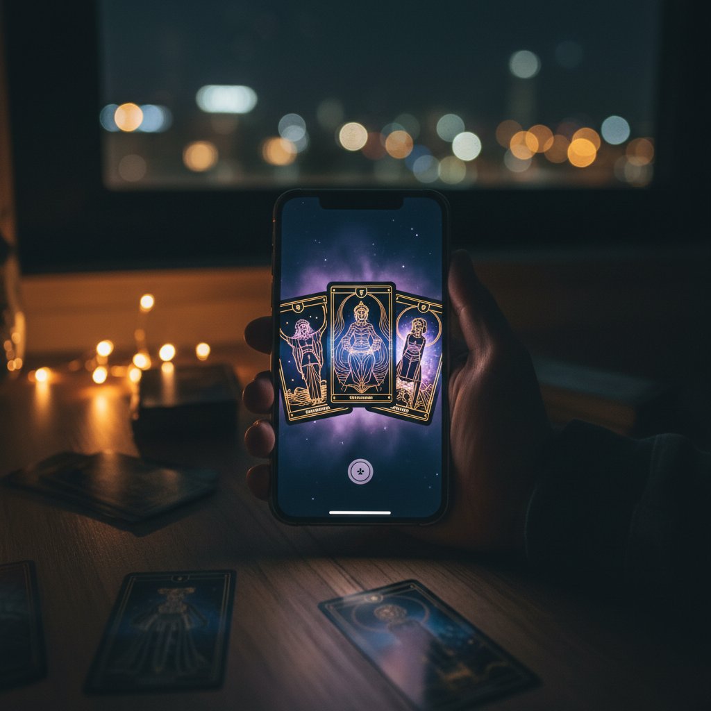 Tarot online na ekranie smartfona w ciemnym pokoju, nowoczesny klimat, wyraźnie widoczna aplikacja