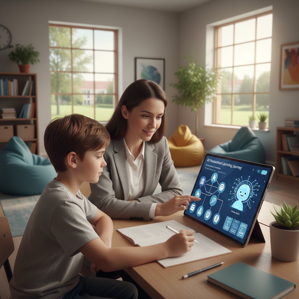 Lehrkraft mit Tablet, Schüler arbeitet parallel – Symbolbild für menschliche und KI-gestützte Nachhilfe