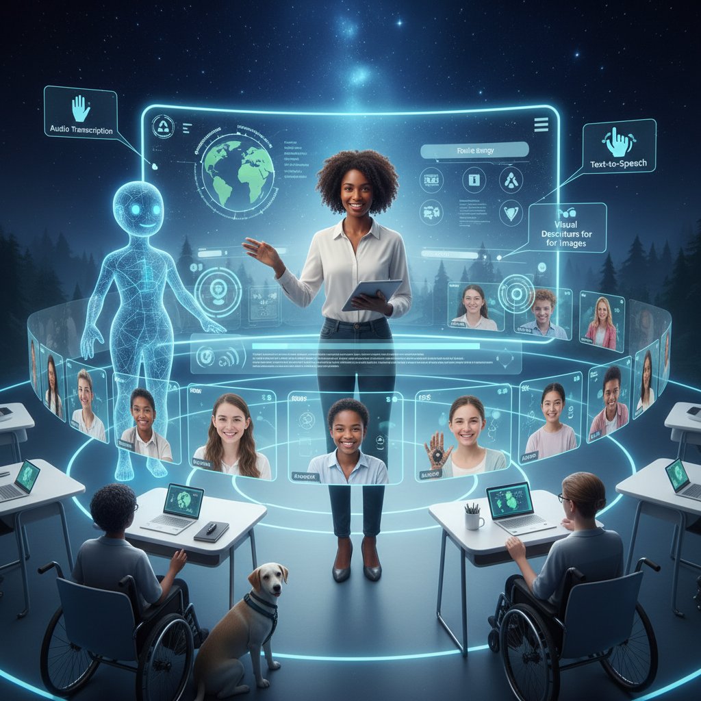 Teacher leading virtual classroom, students interacting, AI assistant visible on monitor, accessibility features highlighted