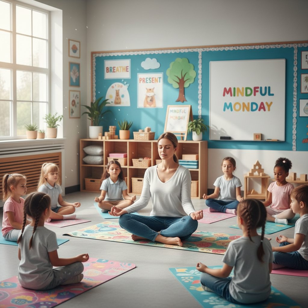 Nauczycielka medytująca na tle sali lekcyjnej, ćwiczenia uważności w edukacji