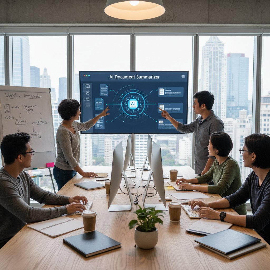 A modern workspace showing a team using AI-powered document summarizer tools on various devices