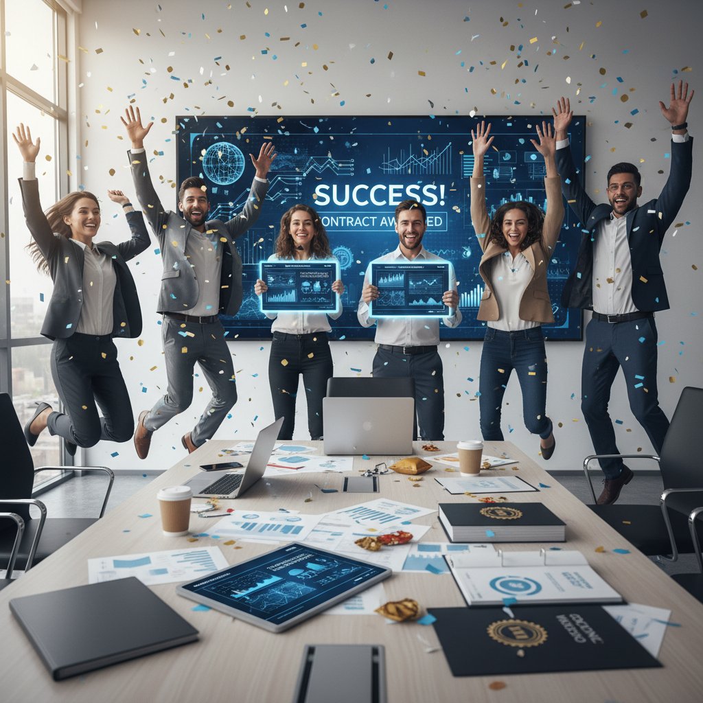 Confident team celebrating after winning a major deal with AI-generated proposal documents