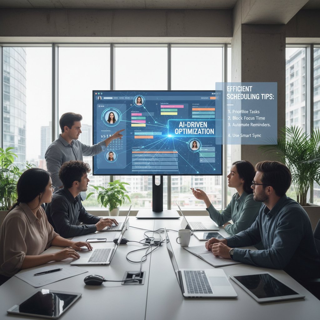 Team collaborating with digital scheduling tools, symbolizing AI-driven coordination and efficient scheduling tips