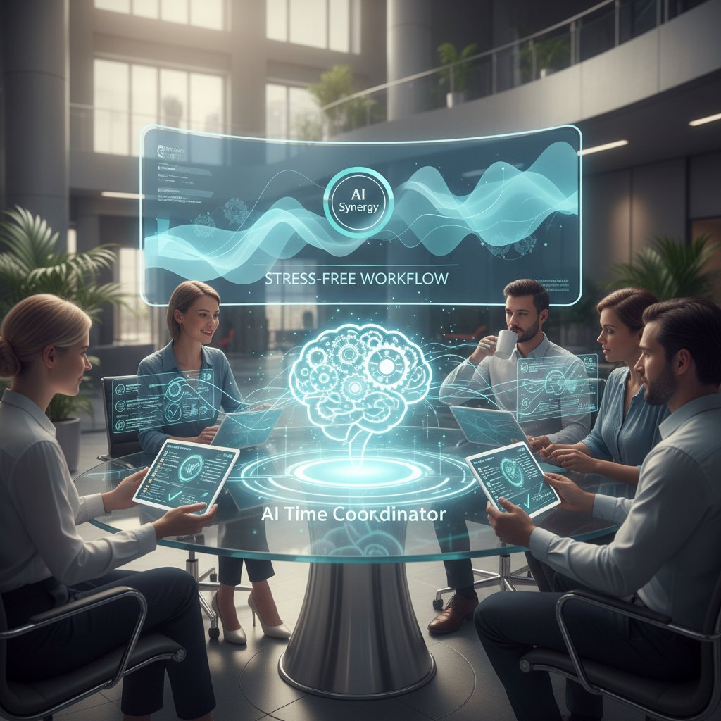 Modern team collaborating with AI time coordinator, reducing stress and boosting focus