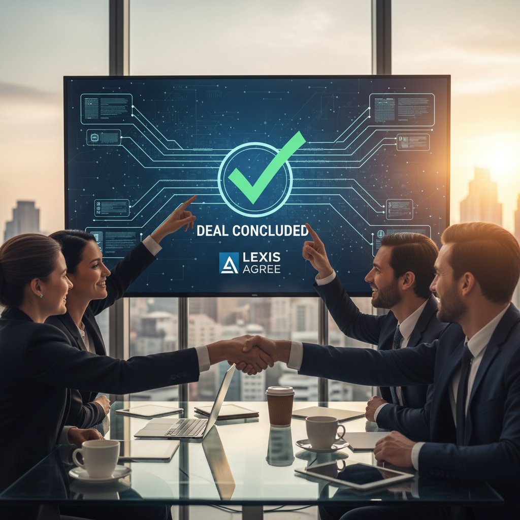 Team collaborating over automated contract platform, celebrating successful deal