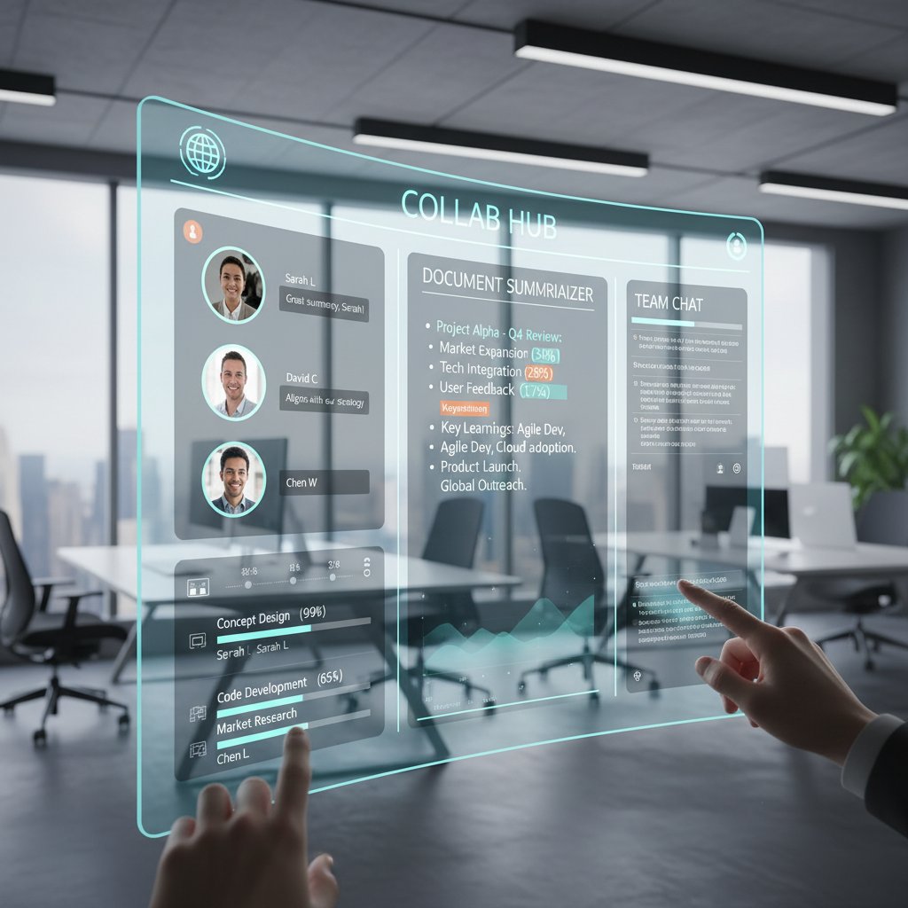 High-contrast photo of a diverse team collaborating around a digital dashboard, symbolizing successful integration of document summarizer for critical insights